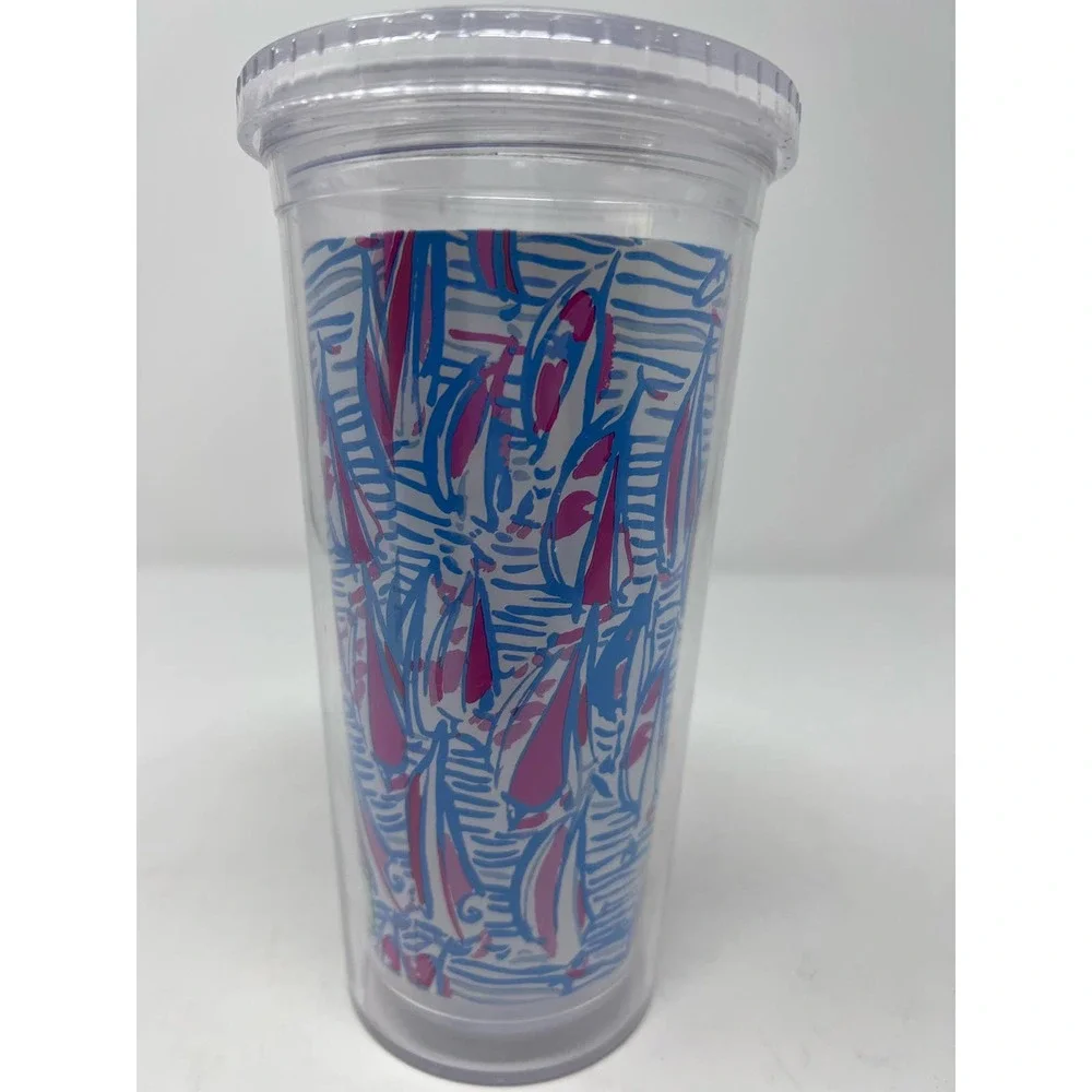 Lily Pulitzer Sailboat Tumbler Drinking Cup Pink Sailboats Light Blue Background